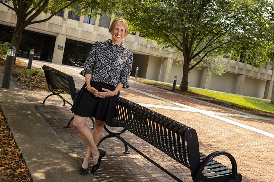 Portrait of Sarah Reese Wallace standing outside Founders Hall.