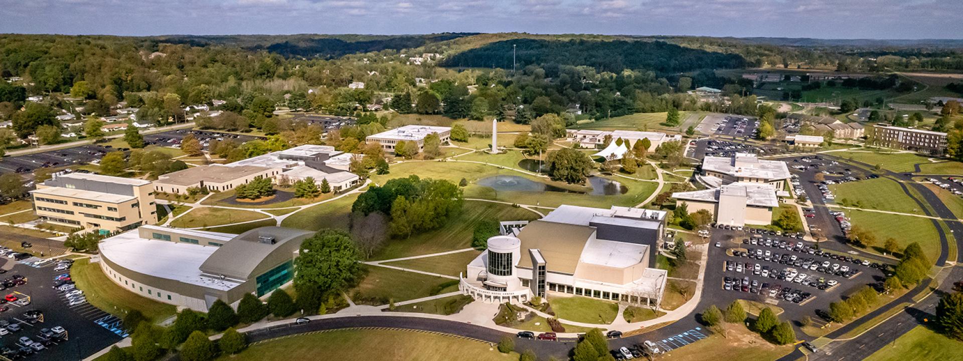 The Newark campus as seen from above including the Reese Center, Warner Center, and LeFevre Hall.