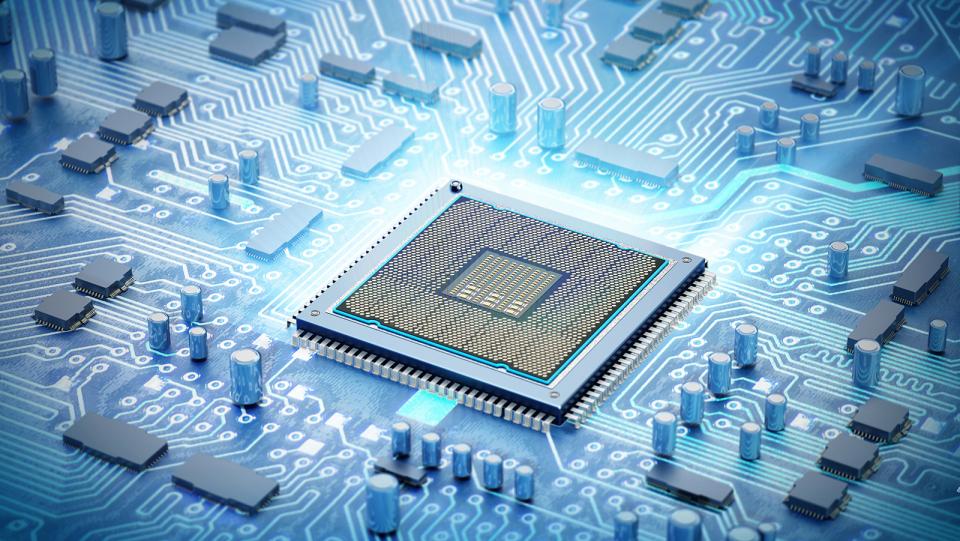 A 3D illustration of a glowing CPU installed on a generic mainboard.
