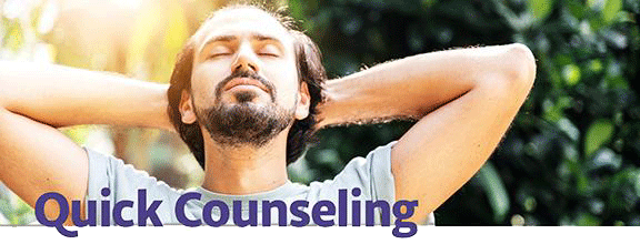 Quick Counseling male student, eyes closed looking up and relaxing