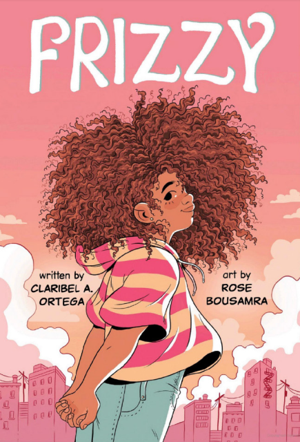 The book cover for Frizzy depicts the illustration of a young, African American girl with abundant curly hair.