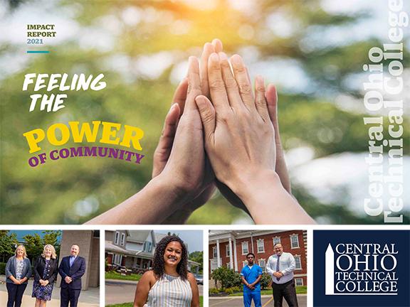 2 sets of hands raised together and 3 smaller images at bottom of people on campus