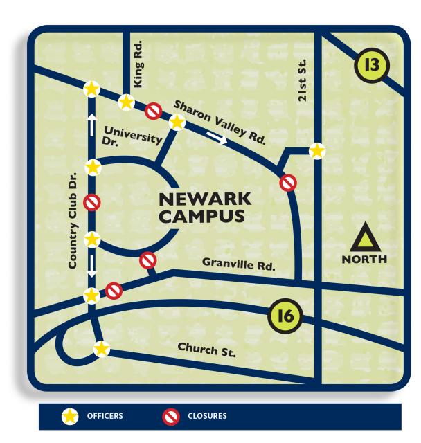 Map of campus and surrounding roads that visualizes the written road closures and traffic flow. 