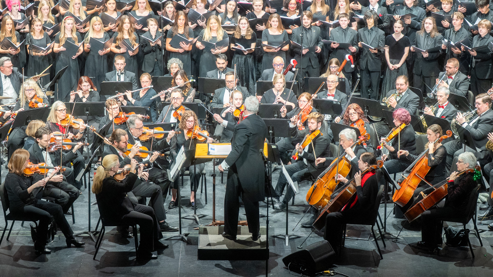 A conductor stands in the middle of several rows of musicians playing stringed instruments arranged in a semi-circle.