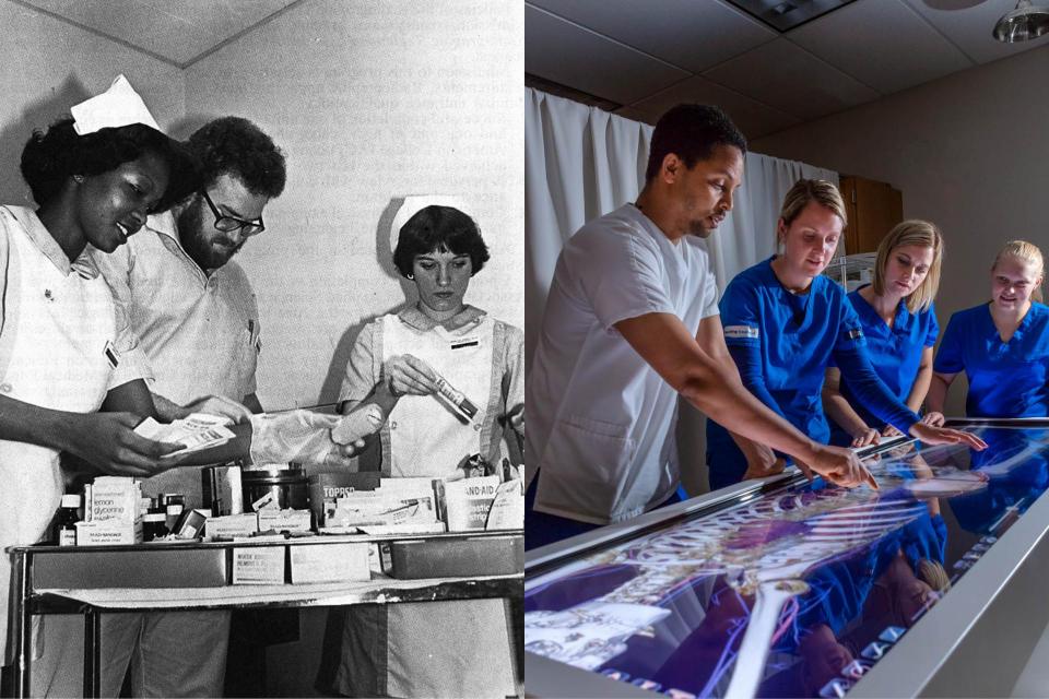 A black and white photo of nursing students on clinical rotation in the 1980s next to a colored photo of nursing students using the Anatomage virtual dissection table today.