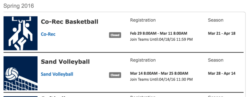 Screenshot of the Intramural Sport sign up page