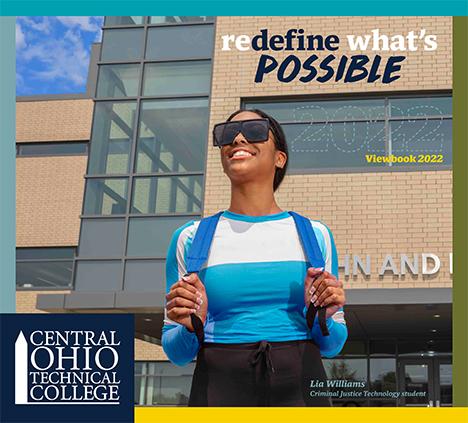 Cover image of 2021-22 viewbook with girl in sunglasses and backpack standing in front of Alford Center