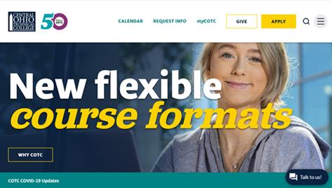home webpage of COTC: Nes flexible course formats with smiling girl in backgound, logo in corner