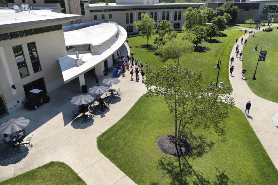 An aerial view of the back patio of the Warner Center.