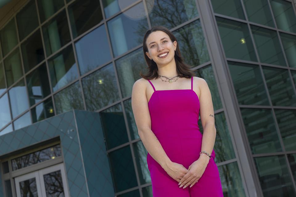 Portrait of Zenna Stirling outside LeFevre Hall. 