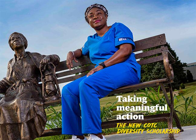 Black woman sitting on bench with bronze statue of Harriet Tubman