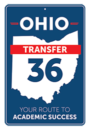 Ohio Transfer 36 logo uses state of Ohio background with a navy 36 in the middle