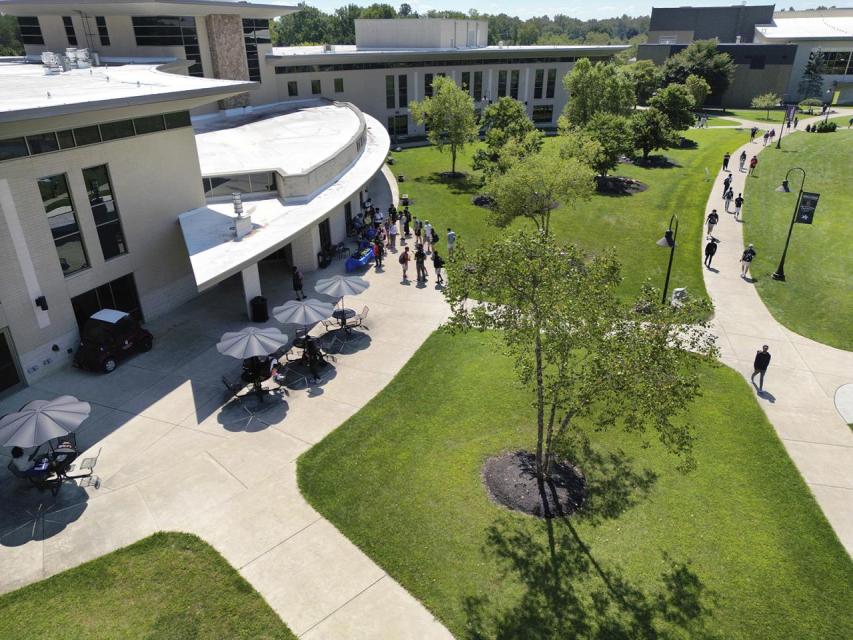 An aerial view of the back patio of the Warner Center.